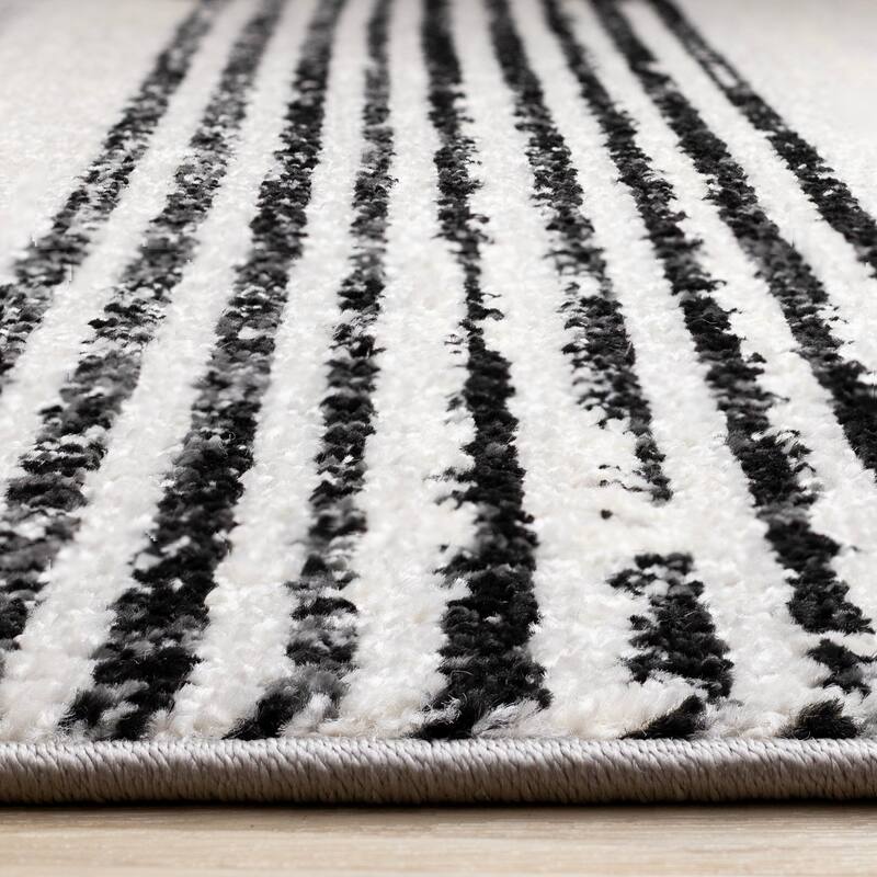 Soft Low-Pile Black White Patterned Lines Area Rug