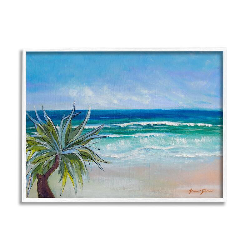 Stupell Incoming Waves Summer Beach Palm Tree Blue Painting Framed Wall Art - Orange - 20 x 16 - White