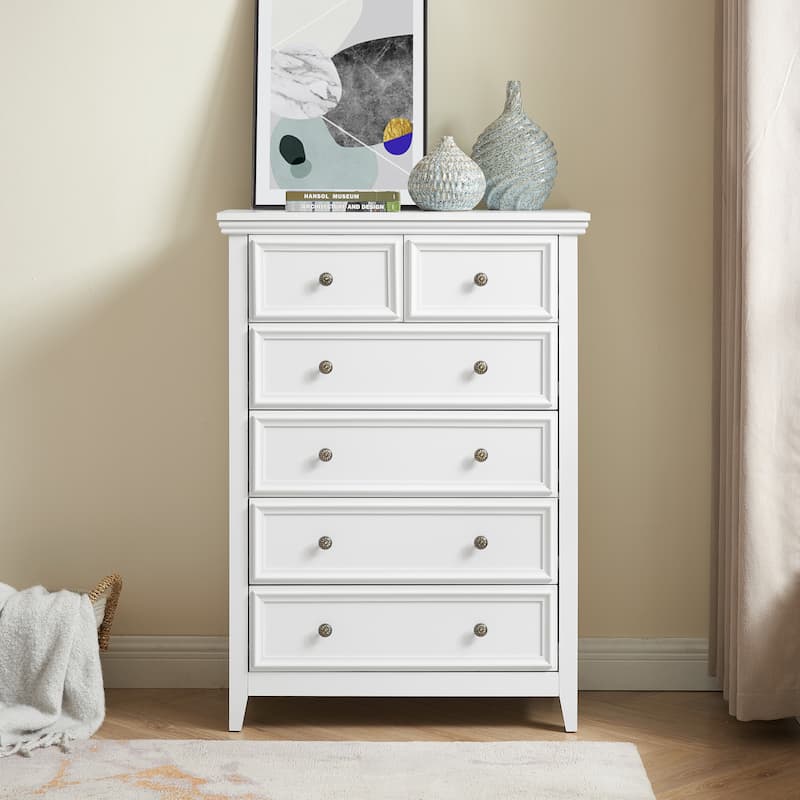 Crisp White 6-Drawer Dresser, Elegant Living Room Storage Solution