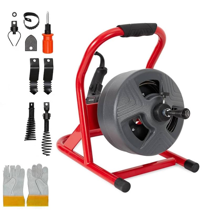 50Ft x 5/16 Inch Drain Cleaner Machine, Electric Drain Auger Cleaner for 3/4" to 3" Pipes - Red