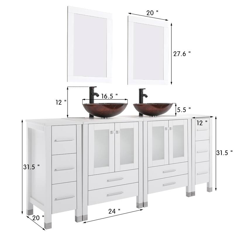 72" Bathroom Vanity Set with Vessel Sink Side Cabinet Combo - brown round sink - White
