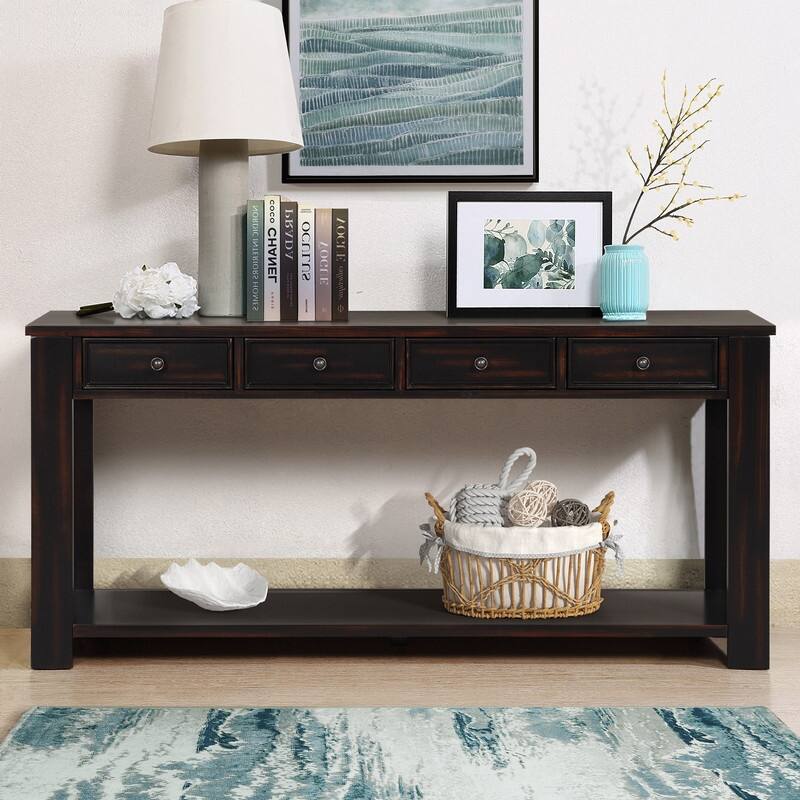 Pine Wood Console Table with 4 Drawers and Bottom Shelf for Entryway Hallway