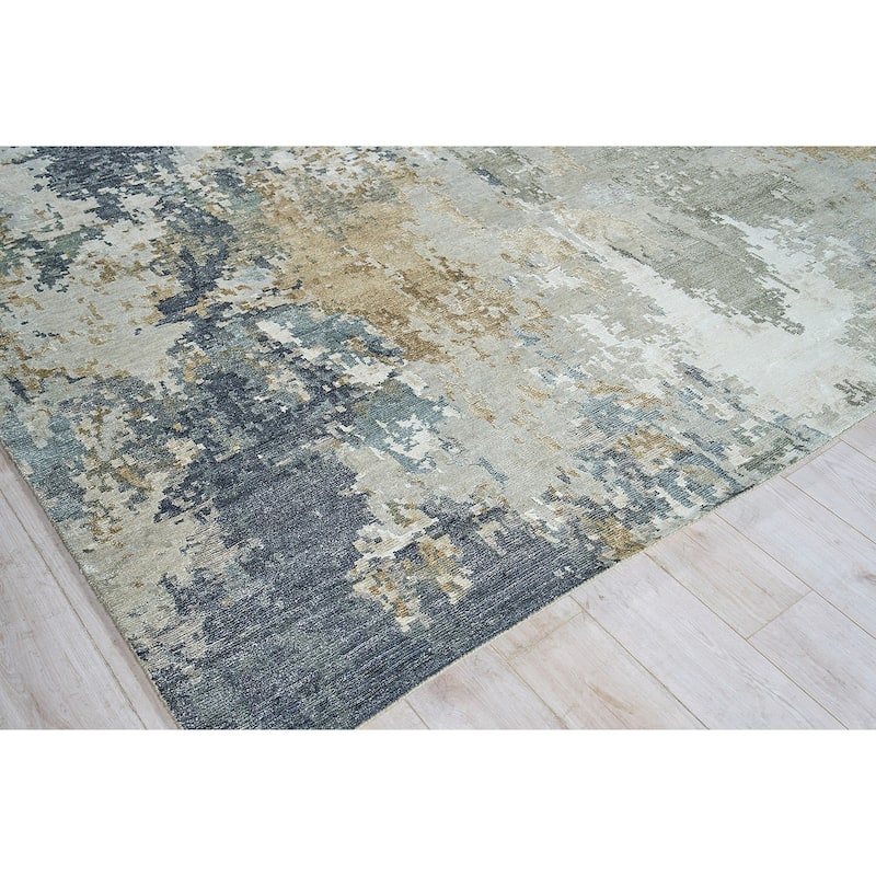 EXQUISITE RUGS Cosmo Hand-knotted Wool/Bamboo Silk Silver/Beige/Blue Area Rug.