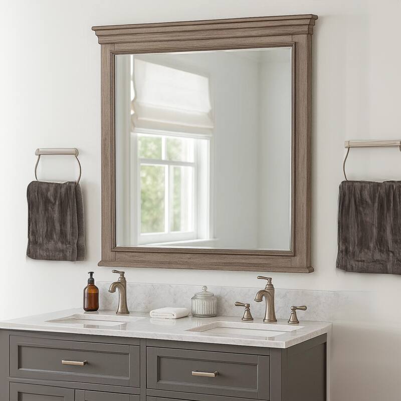 Roi Dresser Mirror, Beveled Glass, Weathered Gray Solid Wood, 38x42