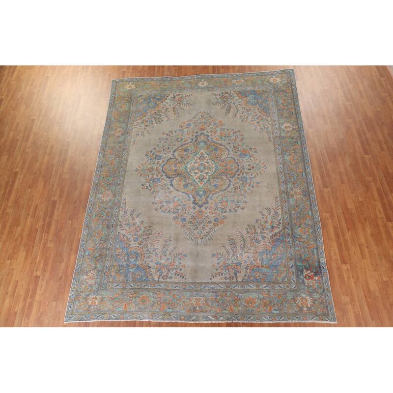 Hand Knotted Oriental 100% Wool Carpet Traditional Medallion Green Tabriz Area Rug - 12' 7'' X 9' 7''