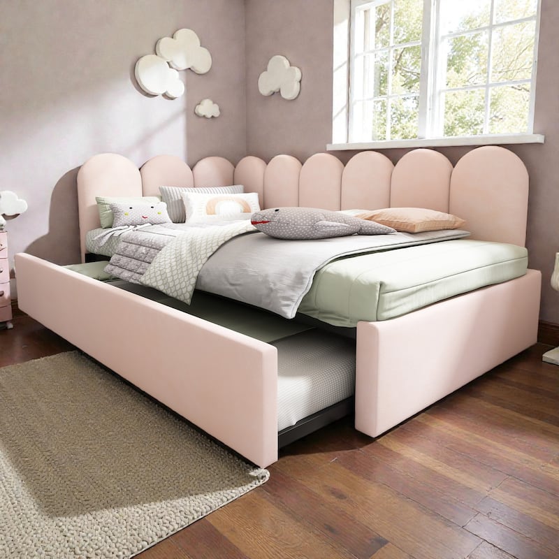 Twin Upholstered Daybed with Pull-Out Trundle, Velvet Sofa Bed for Small Spaces, Guest Bed with Metal Slatted Frame