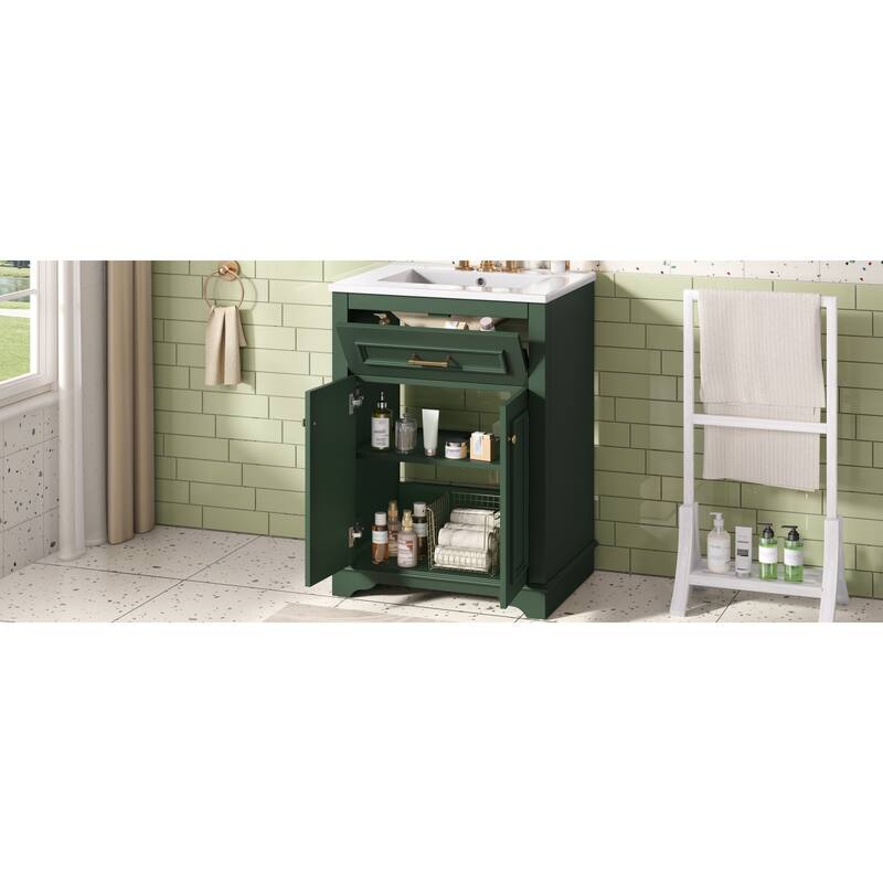 Roomfitters 24 Inch Bathroom Vanity with Integrated Ceramic Sink, Storage Cabinet & Tilt-Down Compartment