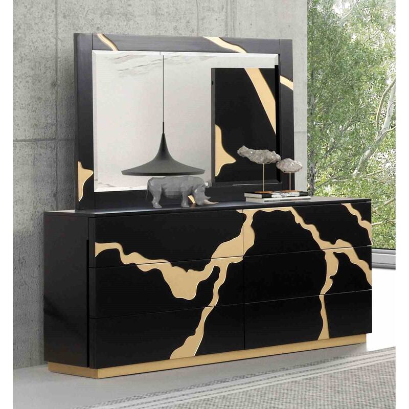 Black Gold Finish Modern Style Bedroom Set Bed Dresser Mirror Nightstand Chest