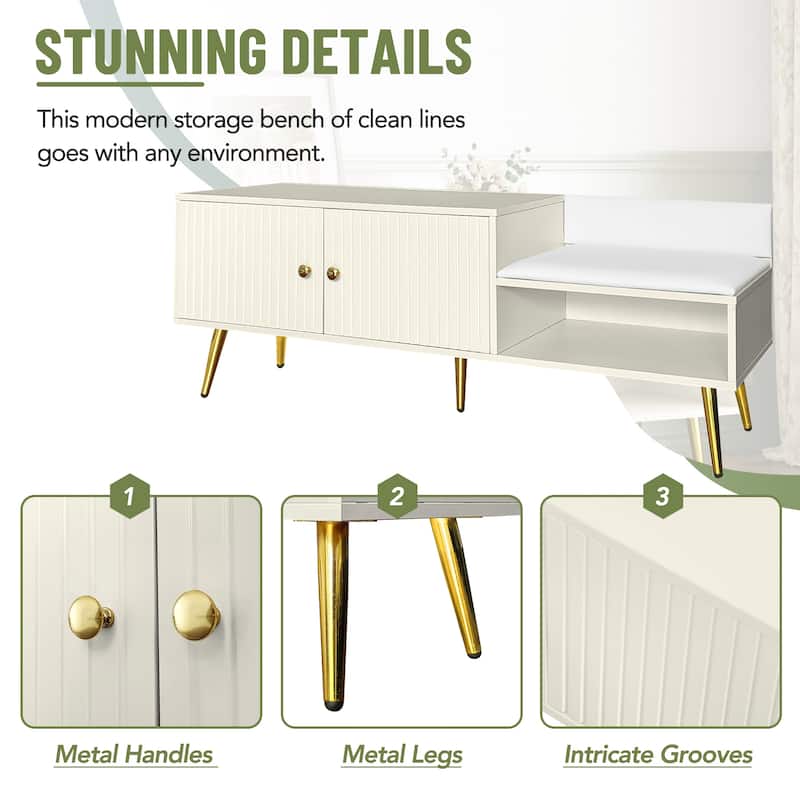 Upholstered Storage Bench with Hidden Storage,Metal Handles and Legs