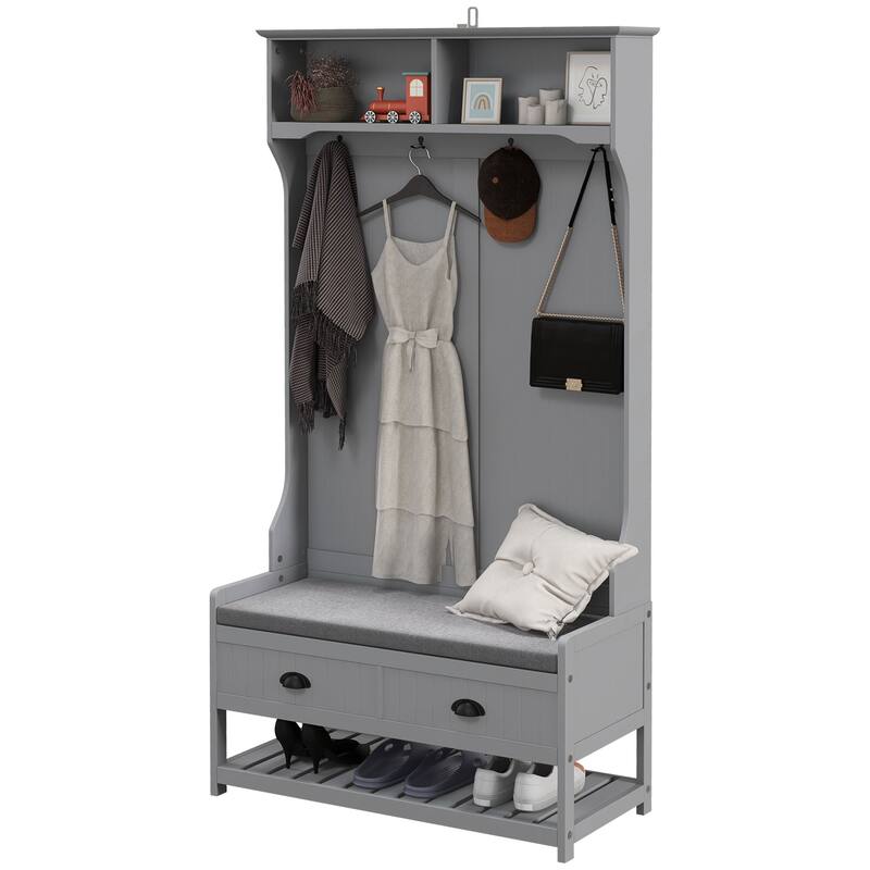 Modern Coat Rack with Entry Bench Shoe Rack 2 Drawers 4 Hooks and Upholstered Seat for Entry and Hallway