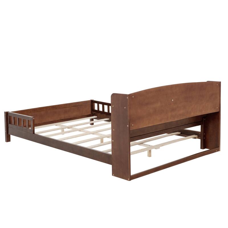 Full Size Pine Bed w/ Bookcase Headboard ,LED Sensor Light, Guardrails