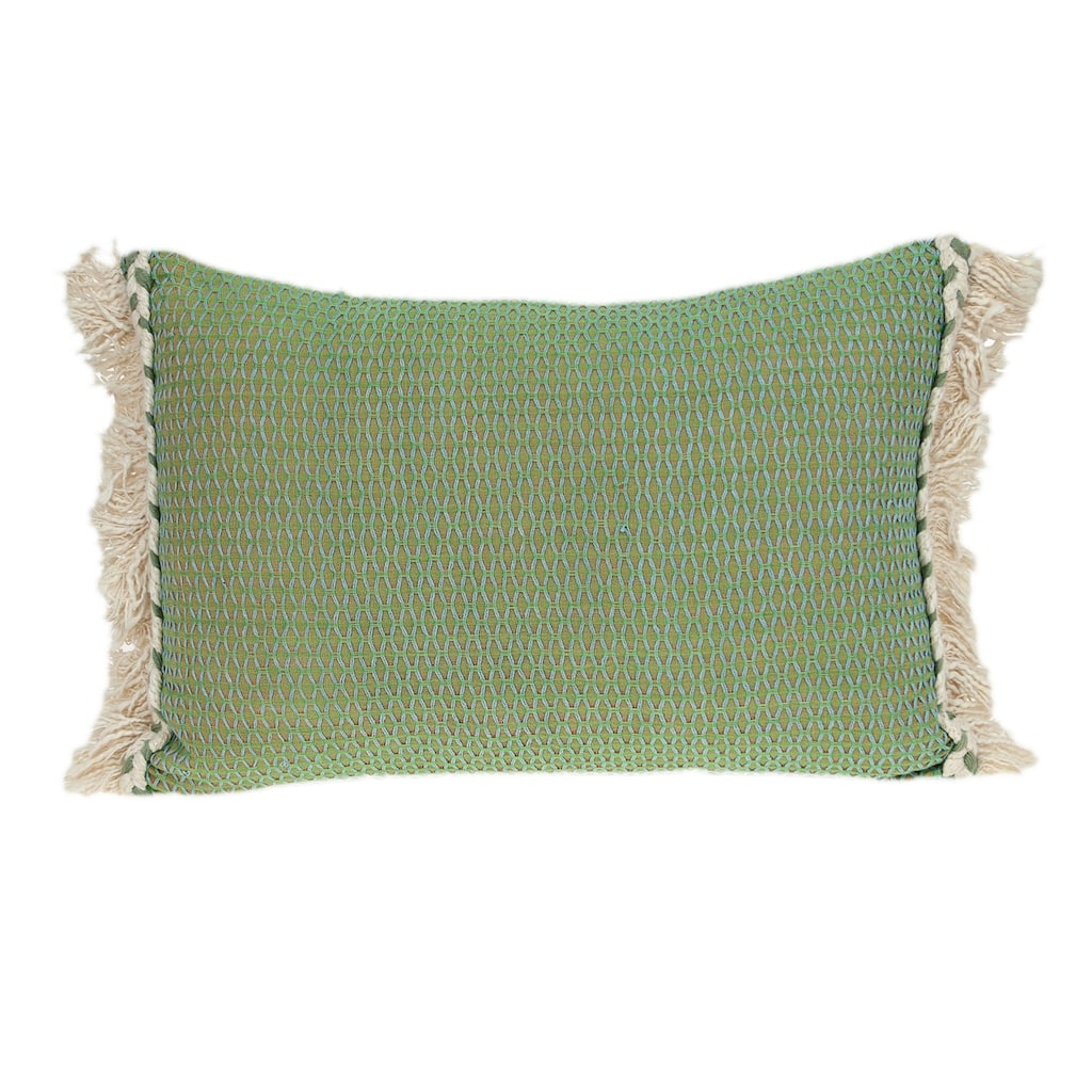 Fishnet Rectangular Cotton Throw Pillow with Fringes - 20" - Green and Beige