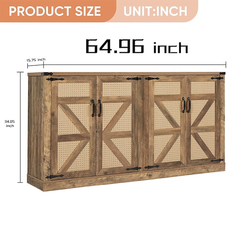 Farmhouse Buffet Cabinet, 65" Sideboard Buffet Cabinet, Rattan Storage Cabinet with 4 Doors - 64.96L*15.75W*34.05H