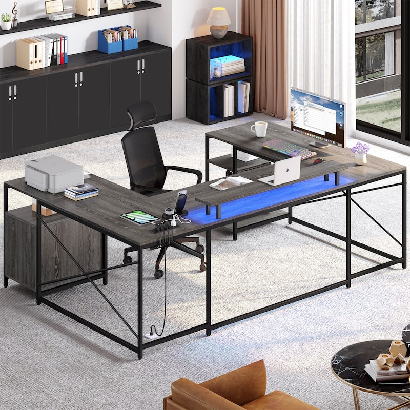 Moasis U-Shaped L-Shaped LED Computer Desk Reversible Corner Home Office Gaming Desk with Power Outlets