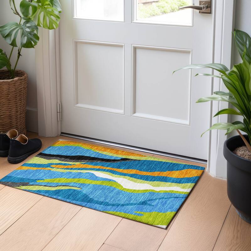 Machine Washable Indoor/ Outdoor Abstract Contemporary Chantille Rug - Denim - 1'8" x 2'6"