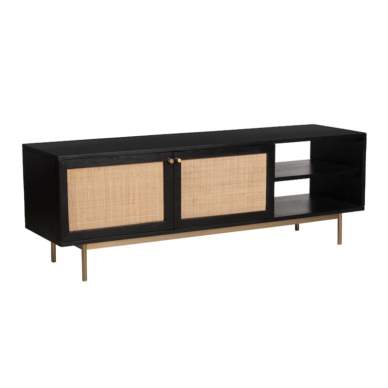 Curtis Solid Wood with Natural Woven Cane TV Stand - Black