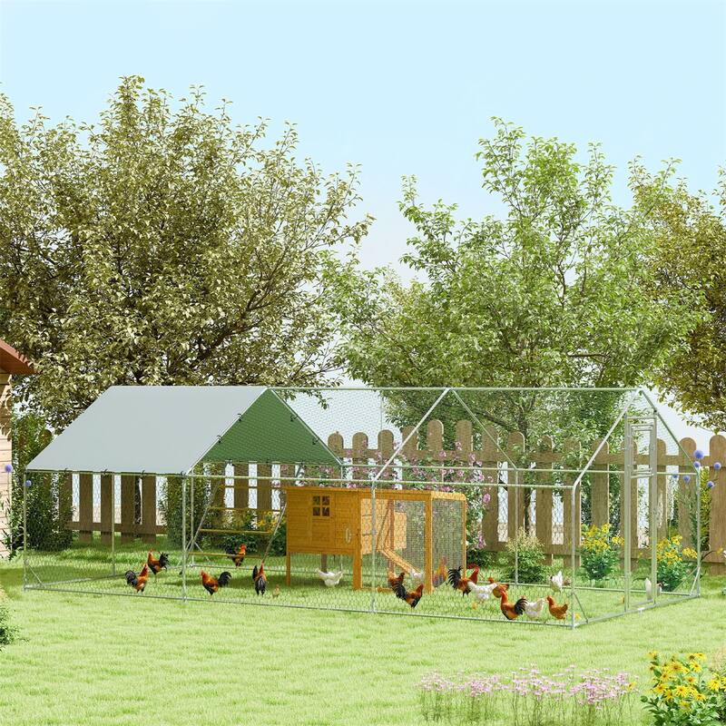 Outdoor Chicken Coop with Mesh Sides, Feeder Door and Weather Cover - 9.8'W x 19.7'D x 6.4'H - Silver