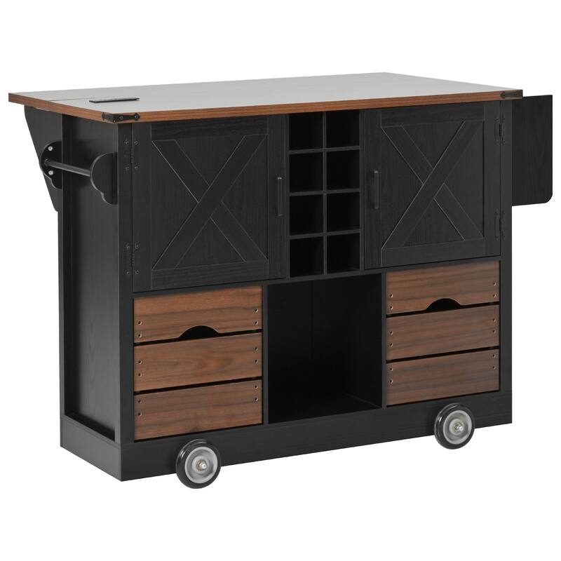 54" Farmhouse Kitchen Island with Drop Leaf, Power Outlet & 4 Wheels