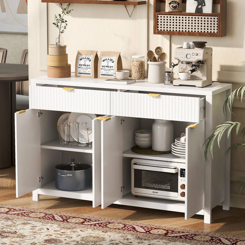 Modern Wave-Pattern Sideboard Cabinet with 2 Drawers and 4 Doors, 3-Level Adjustable Shelves, Aluminum Arc Handles