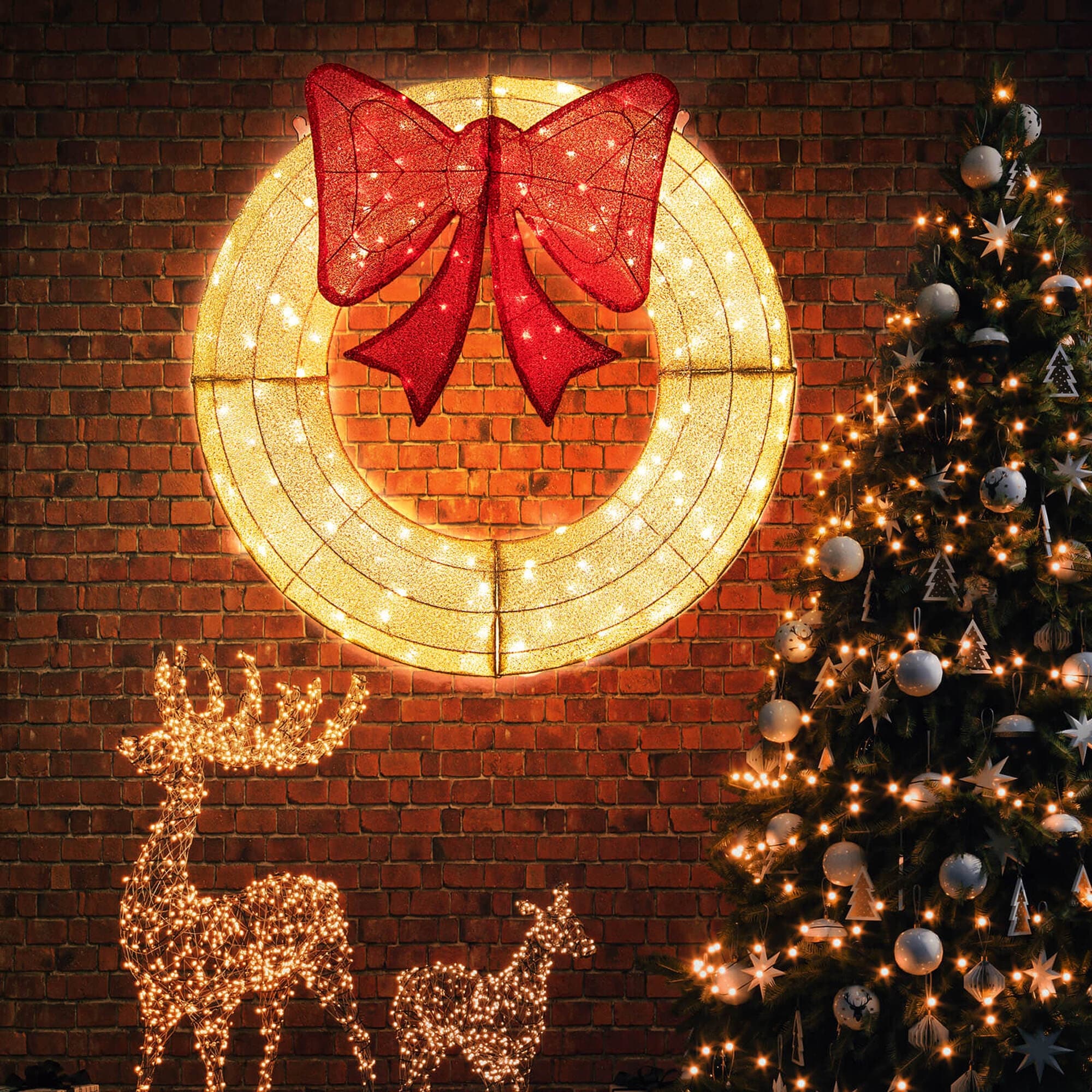 48 Inch Large Pre-Lit Outdoor Christmas Wreath – Green With LED Lights & Bows