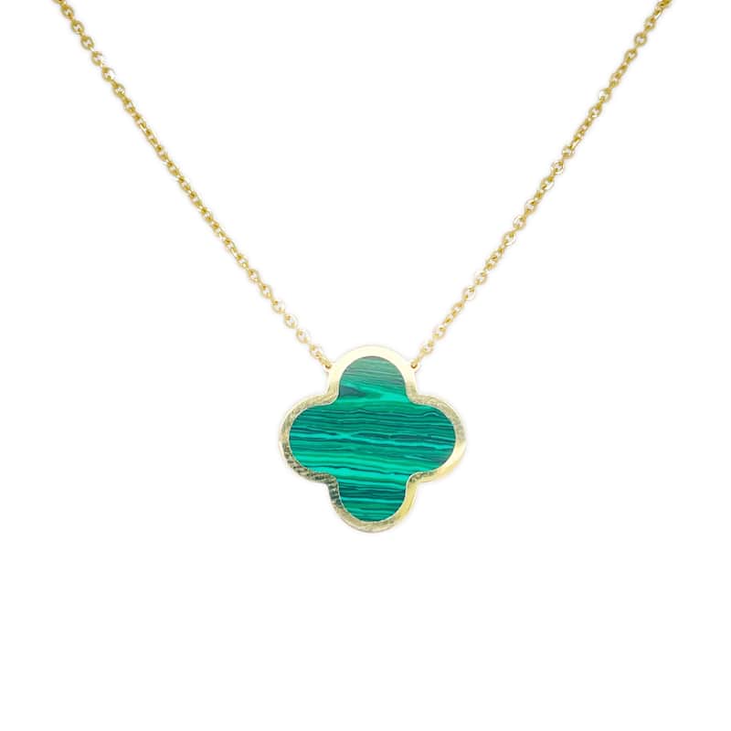 Italian 14K Yellow Gold Single Clover Necklace - Made In Italy 15mm Clover 16-18 Inch Chain 2.20 grams - Green