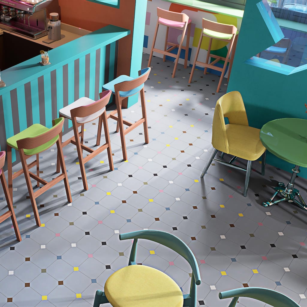 Merola Tile Vaudeville Octagon Humo with Taco Multi 7-7/8" x 7-7/8" Porcelain Floor and Wall Tile