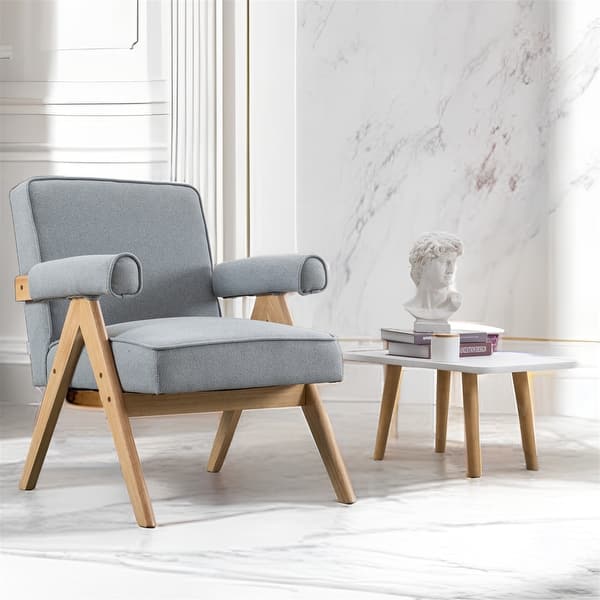 slide 2 of 15, Fabric Leisure Chair with Solid Wood Armrest and Feet