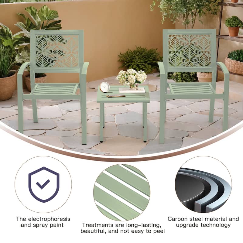 Outdoor Patio Set, Weatherproof Iron Bistro Table & Chairs, Floral Back Design, Space-Saving（Green/ Blue/ Yellow/ Black）
