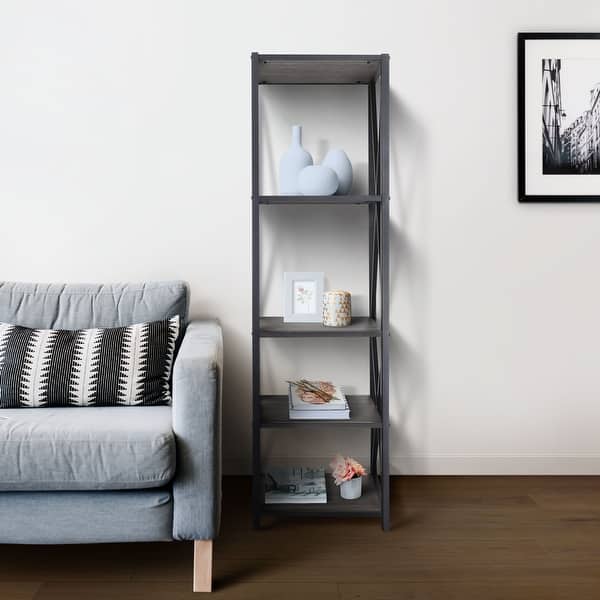 Papafix Tall Bookshelf Mordern Wood Metal Open Industrial Book Shelves Bookcase Shelving Unit Storage System 5 Tier