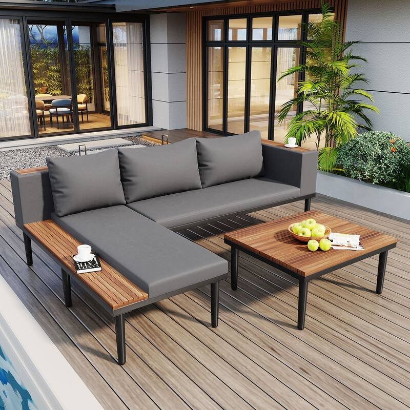 89.4'' Patio Furniture Set with Removable Cushions and Coffee Table,Outdoor Conversation Sectional Sofa for Backyard, Porch - Grey