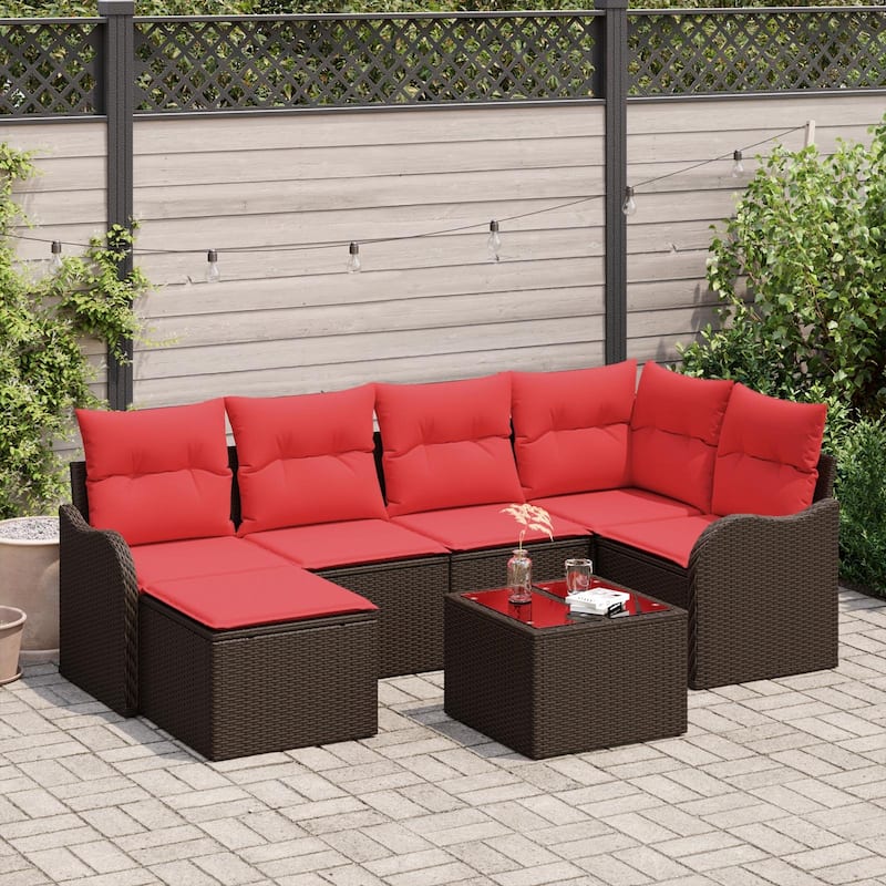 vidaXL 6/7 Garden Sofa Set with Cushions Black/Brown/Grey Poly Rattan - 91.5 x 48.2 x 27.2 - Brown with table