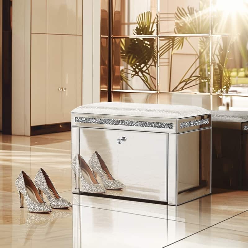 Pre-Assembled Mirrored Shoe Storage Bench with Flip Drawer Silver