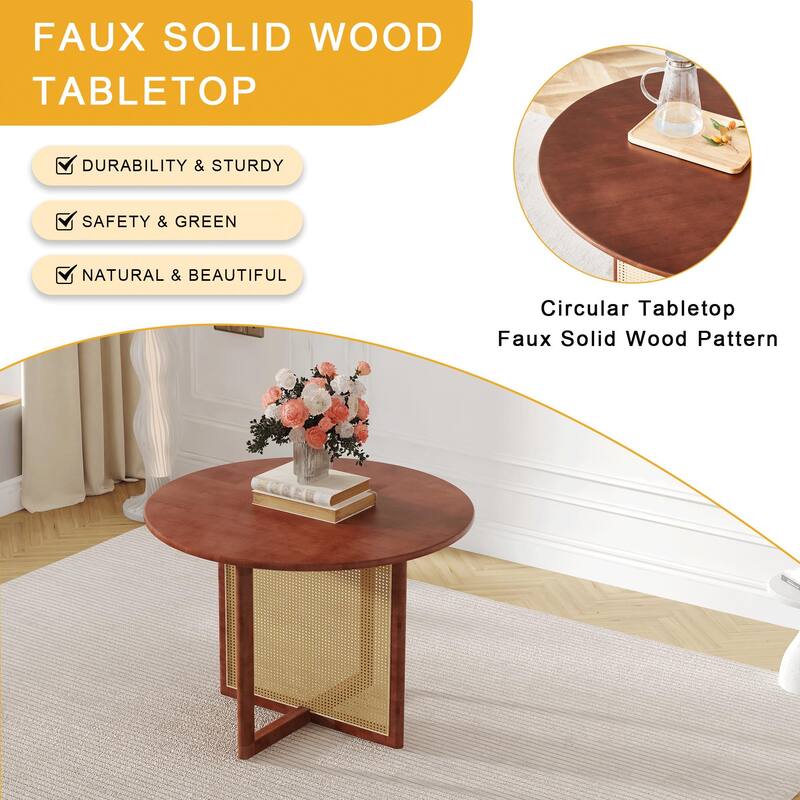 5-Piece Wooden Dining Table Set, Farmhouse Round Dining Table Set with 4 Fabric Dining Chairs for Kitchens, Small Spaces