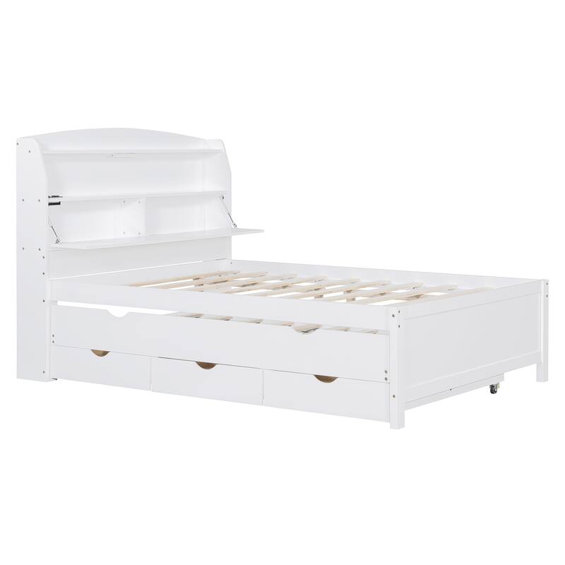 Full Platform Bed with Pull-Out Trundle, LED Headboard Lighting, USB Charging Ports, Flip-Up Storage, and Under-Bed Drawers