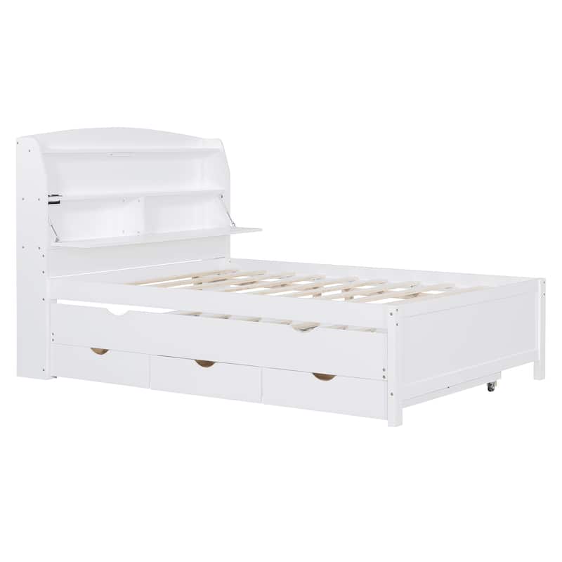 Full Size Wooden LED Platform Bed with Trundle, Storage Headboard Modern Floor Standing Bed Frame with Drawers
