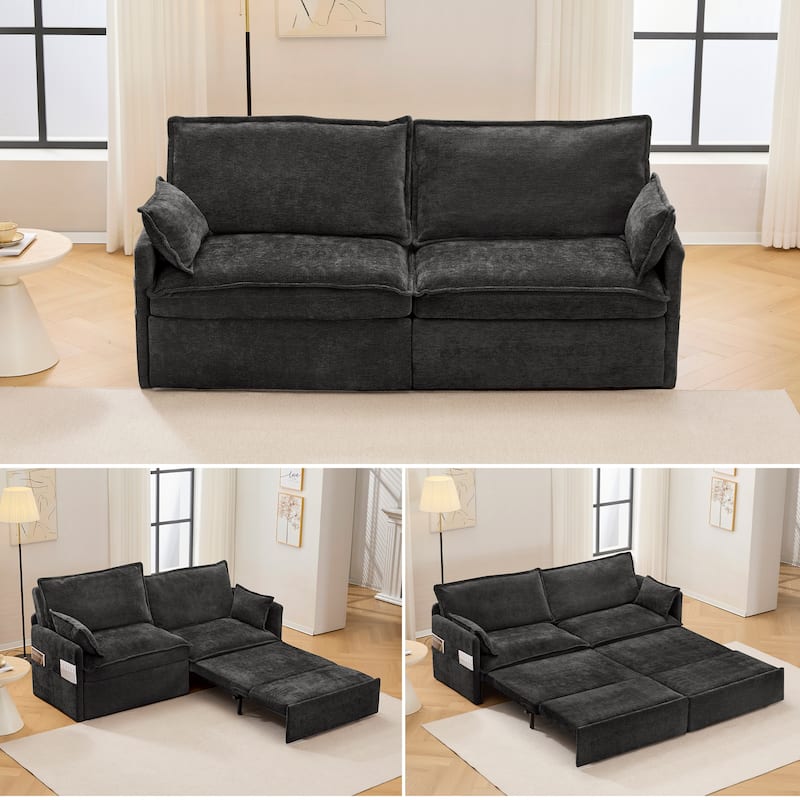 Convertible Sofa Bed, Sleeper Loveseat Pull Out Couch Bed, 3 in 1 Corduroy Couch with Side Pockets, USB/C-TYPE Ports - Black