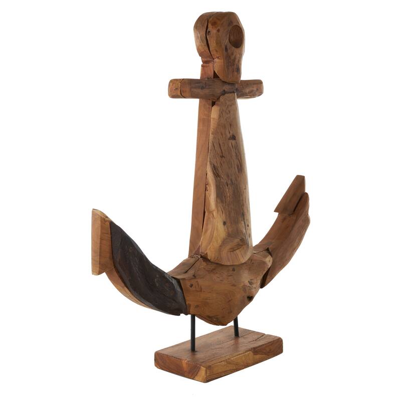 Brown Teak Wood Handmade Anchor Decorative Sculpture with Mosaic Live Edge Pieces