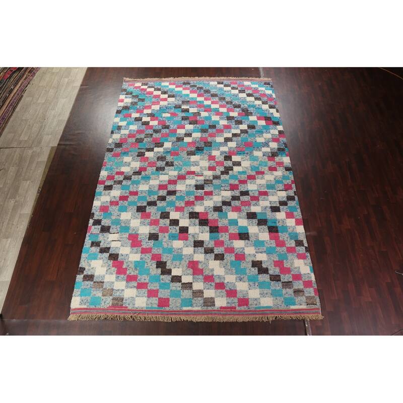 Checkered Modern Moroccan Oriental Area Rug Hand-knotted Wool Carpet - 9'10" x 14'10"