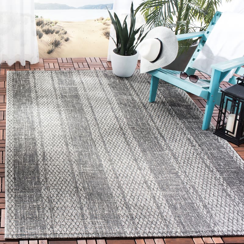 SAFAVIEH Courtyard Marei Stripe Indoor/ Outdoor Waterproof Patio Backyard Rug - 9' x 12' - Light Grey/Black