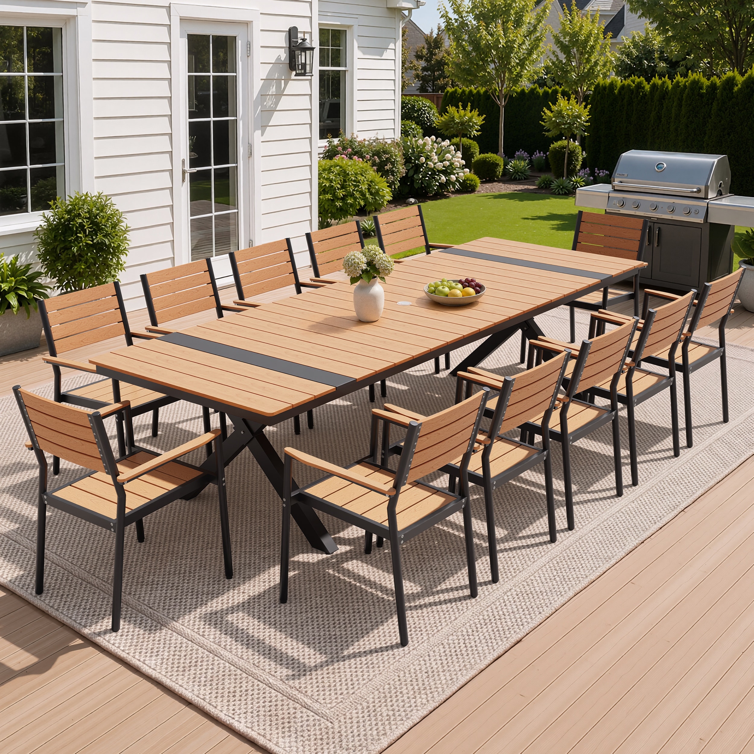 11/13-Piece Outdoor Patio Dining Set Aluminum X-Shaped Rectangular Dining Table with Umbrella Hole and Stackable Chairs