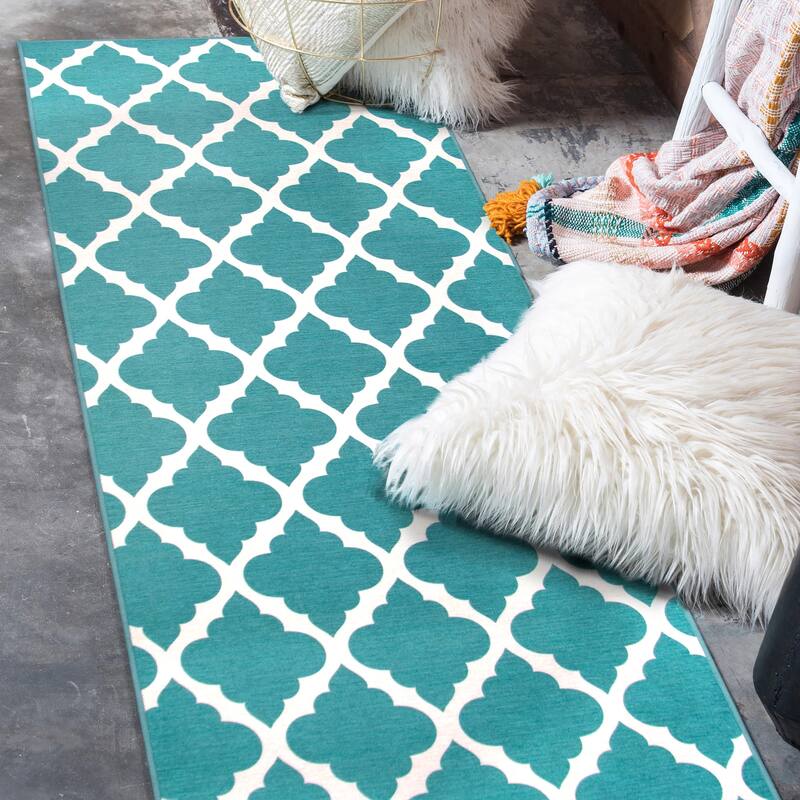 My Magic Carpet Machine Washable Area Rug Moroccan Trellis Teal - 2.5' X 7'