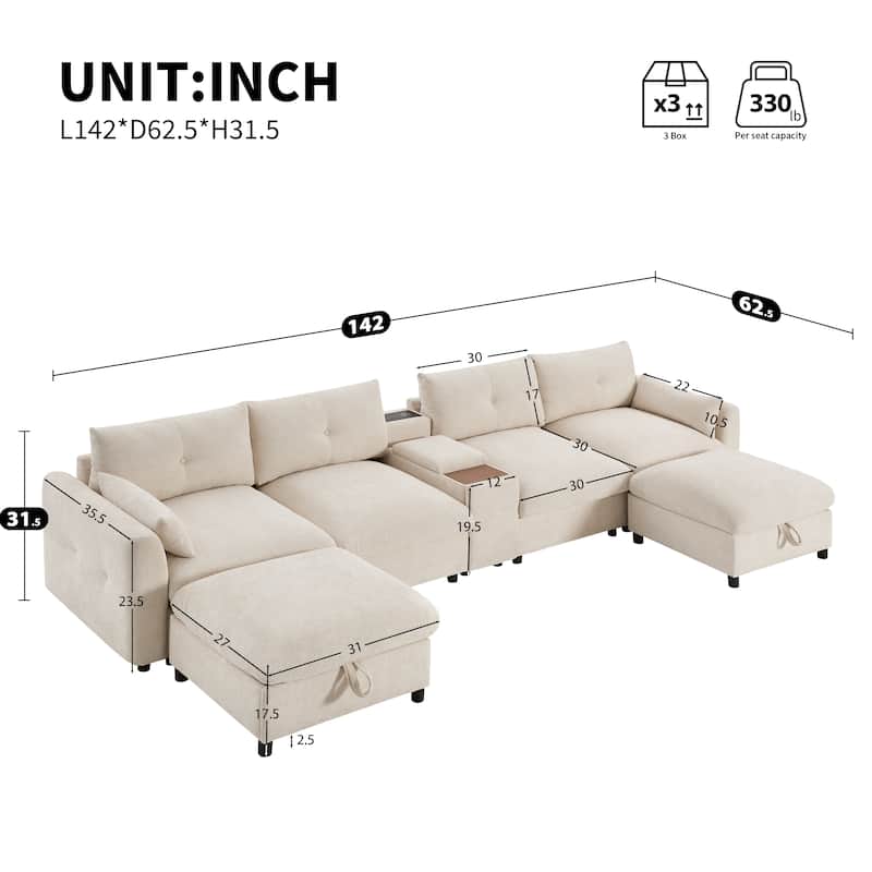131" & 142" U-Shaped Modular Sectional Sofa - 6-Seat Chenille Couch with Ottoman, USB Charger, Cup Holder, Wide Seat, 2 Sizes