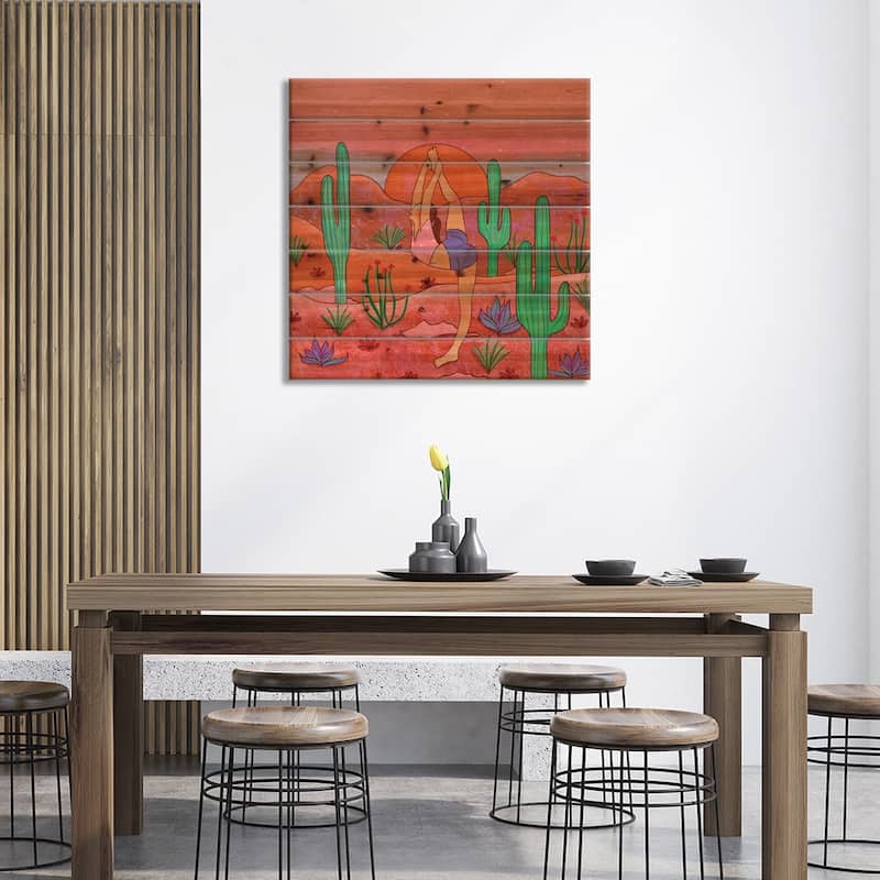 Yoga In The Desert I Print On Wood by Olivia Bürki - Multi-Color