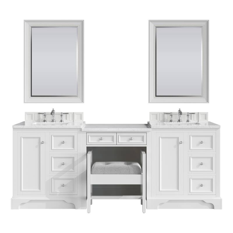 James Martin De Soto 90" Double Sink Bathroom Vanity Deluxe Set, Bright White with 3cm Eternal Jasmine Pearl Quartz Top