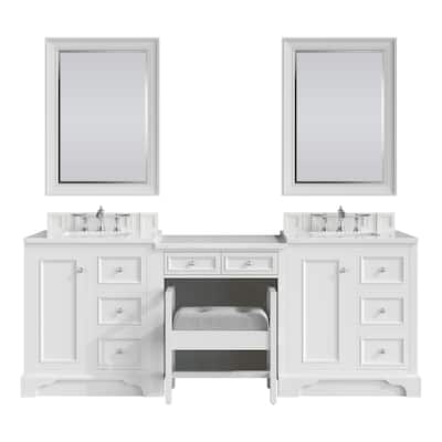 James Martin De Soto 90" Double Sink Bathroom Vanity Deluxe Set, Bright White with 3cm Eternal Jasmine Pearl Quartz Top