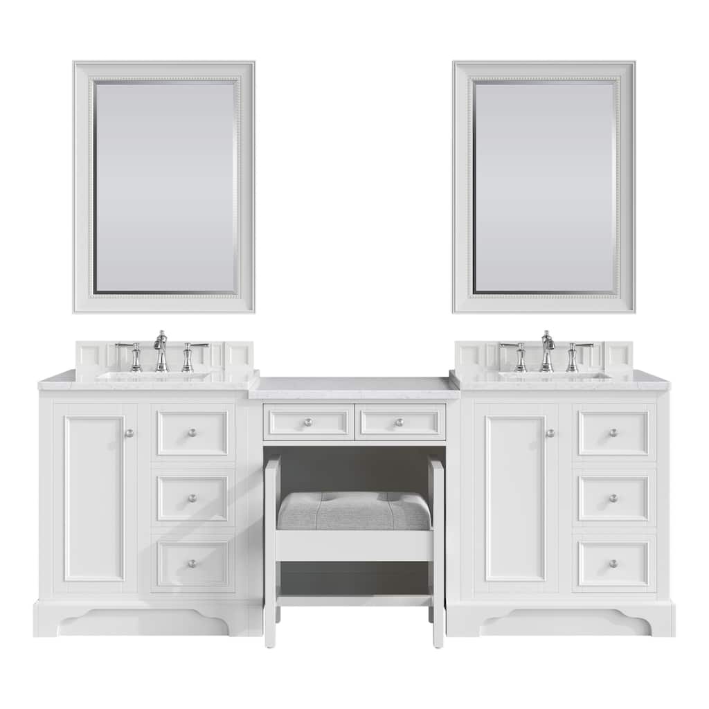 James Martin De Soto 90" Double Sink Bathroom Vanity Deluxe Set, Bright White with 3cm Eternal Jasmine Pearl Quartz Top