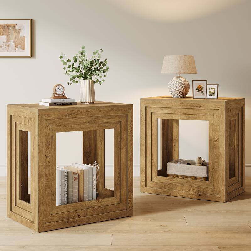 2-Tier Wooden End Table with Shelf Storage, Living Room Bedroom Side Table Accent Nightstand