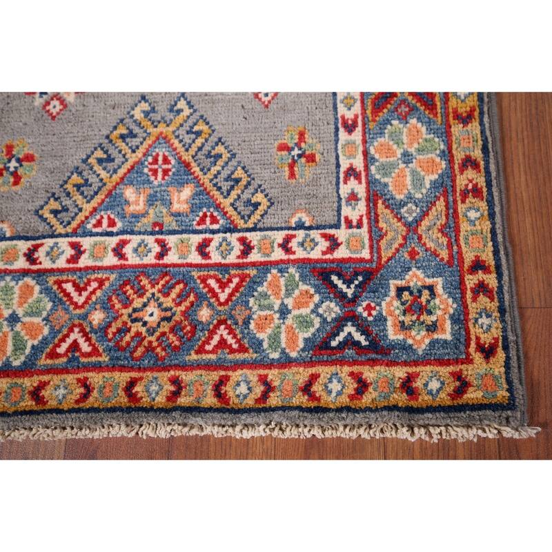 Hand Knotted Oriental 100% Wool Carpet Traditional Geometric Greys & Charcoal Kazak Area Rug - 3' 1'' X 2' 0''