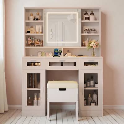 41.3" Makeup Vanity with Sliding Mirror, RGB Cabinets, Charging Station, LED Lights, Storage Stool & Drawers