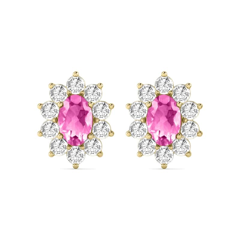 Marquee Oval Shape Pink Topaz and Diamond Flower Earrings in 14K Yellow Gold